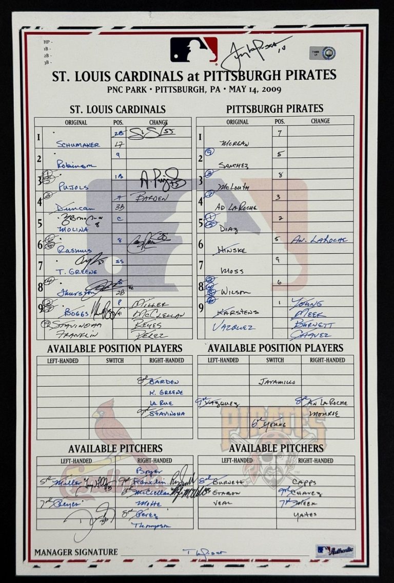 2009 St. Louis Cardinals Team Signed Game Used Lineup Card Albert Pujols Beckett