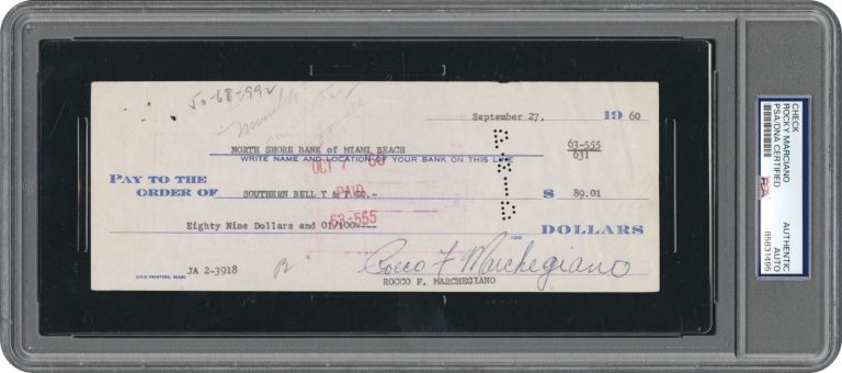 Rocky Marciano Signed 1960 Check Boxing Auto PSA DNA Certified
