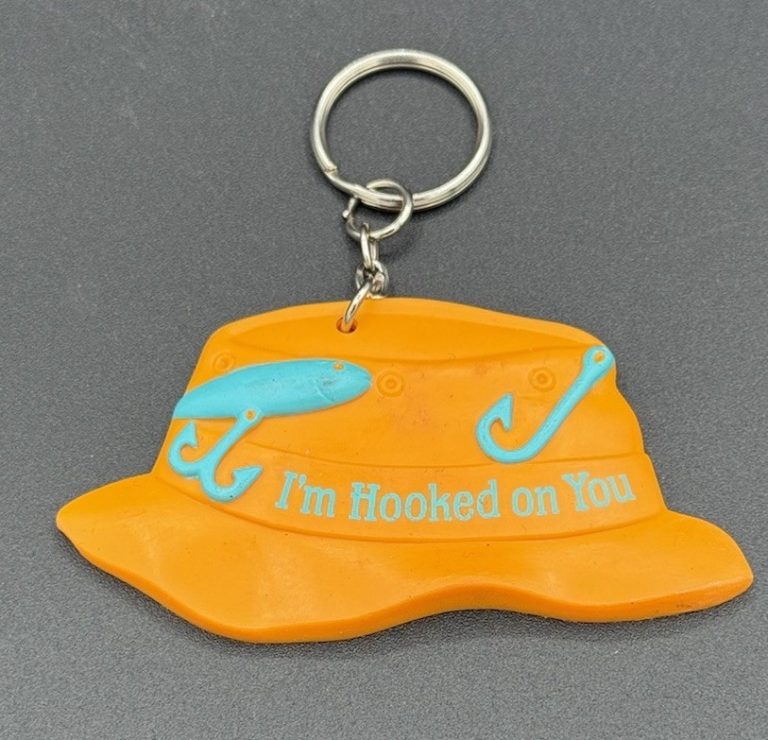 Vintage Keychain FISHERMAN’S HAT Key Ring Fob “I’m Hooked On You” Fishing Cap