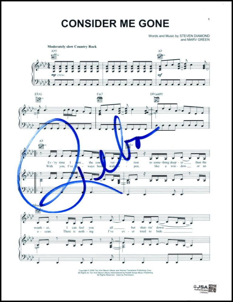 Reba McEntire Signed Autograph Consider Me Gone Sheet Music w/ JSA COA