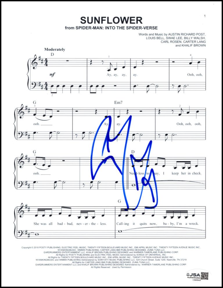 Post Malone Signed Autograph Sunflower Sheet Music Into the Spider-Verse JSA COA