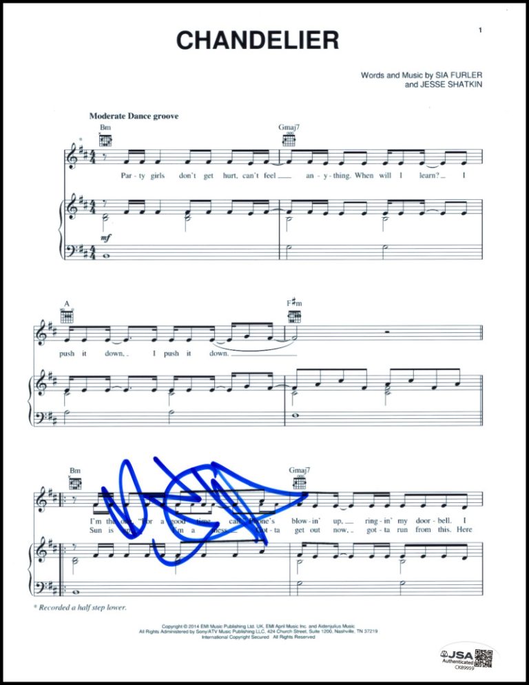 Sia Furler Signed Autograph Chandelier Sheet Music - 1000 Forms of Fear JSA COA