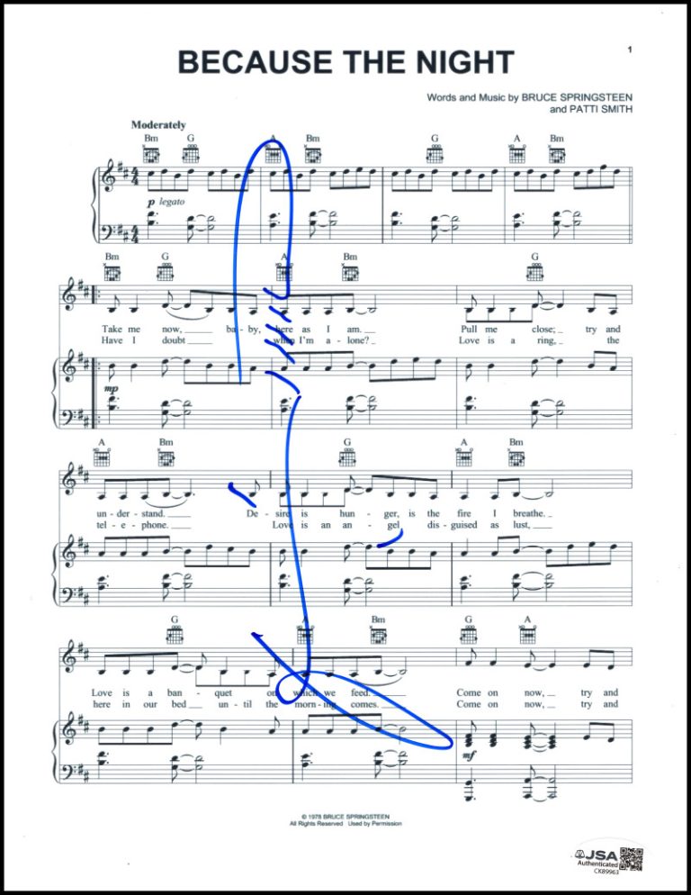 Patti Smith Signed Autograph Because The Night Sheet Music w/ Bruce Springsteen