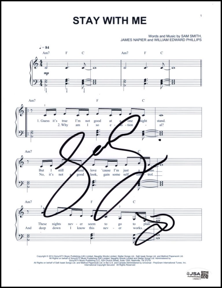 Sam Smith Signed Autograph Stay With Me Sheet Music - In the Lonely Hour JSA COA