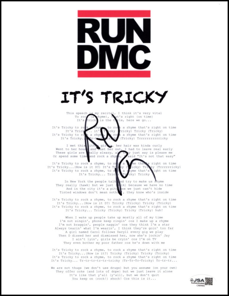 Rev Run Run-DMC Signed Autograph It's Tricky Lyric Sheet - Run's House JSA COA