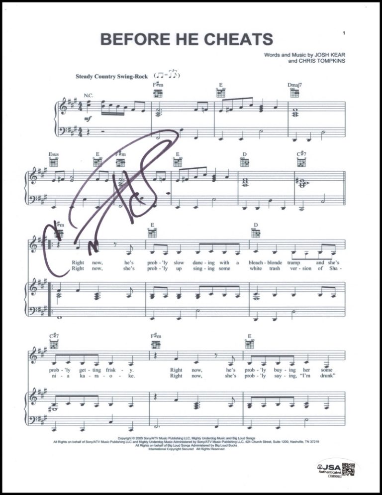 Carrie Underwood Signed Autograph Before He Cheats Sheet Music - Some Hearts JSA