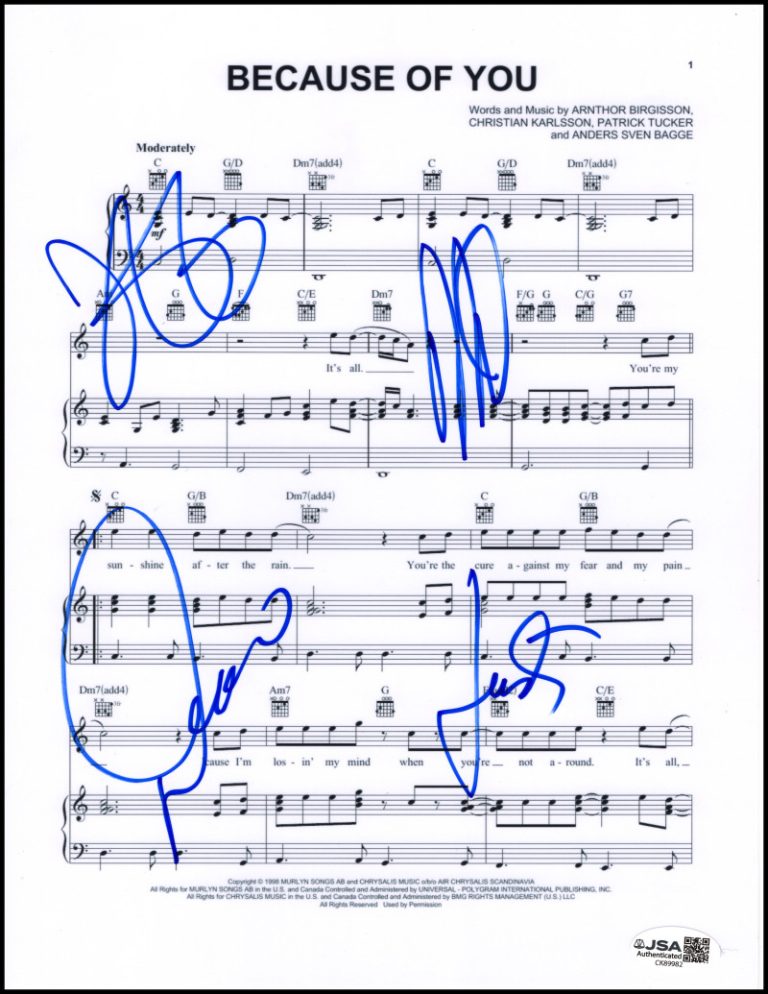 98 Degrees Full Band Signed Autograph Because of You Sheet Music w/ JSA COA