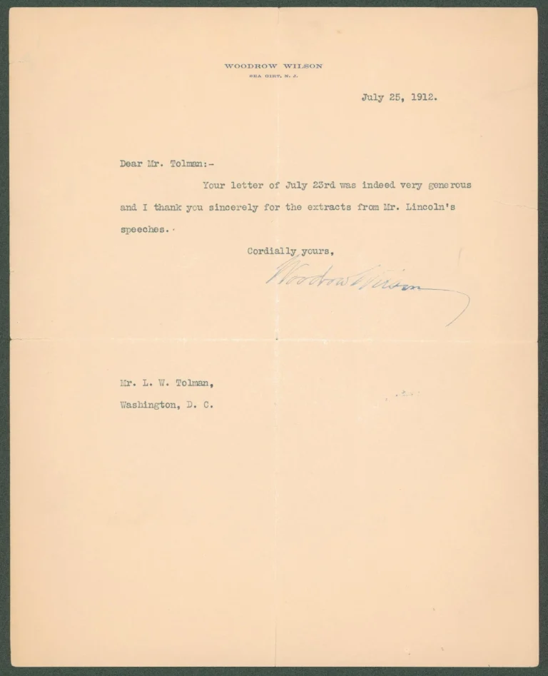 Woodrow Wilson Authentic Signed 8x10 Letter Dated July 25, 1912 BAS #AB14552