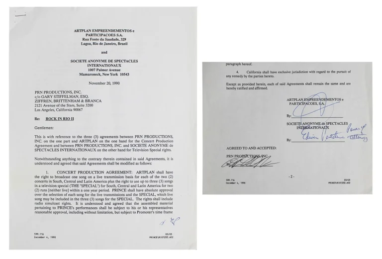 Prince Signed 8.5x11 1991 Rock In Rio II Concert Festival Contract JSA #ZZ41328