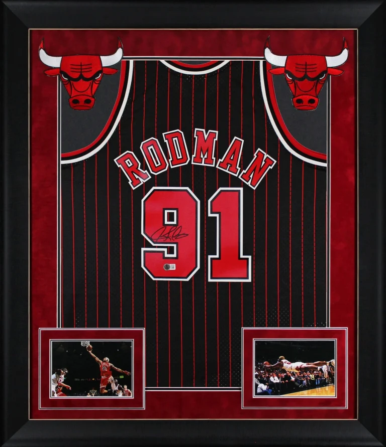 Bulls Dennis Rodman Signed Black 1995-96 M&N HWC Swingman Framed Jersey BAS W