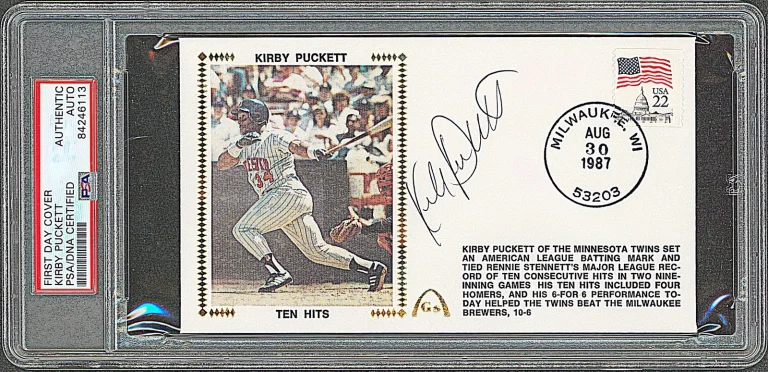 Twins Kirby Puckett Signed First Day Cover Postmarked August 30, 1987 PSA Slab