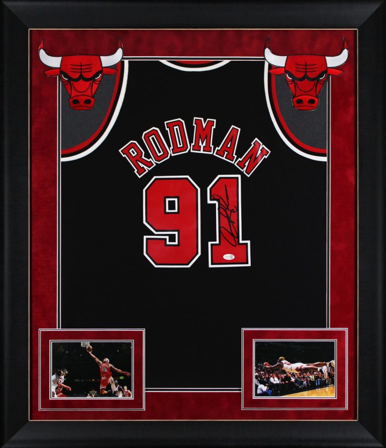 Bulls Dennis Rodman Signed Black M&N HWC Swingman Framed Jersey w/ Black Sig JSA