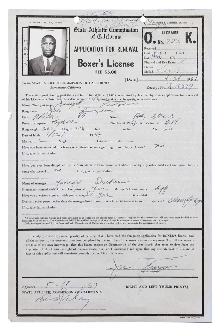 Joe Frazier Authentic Signed 8.5x13 1967 Boxing License Renewal App JSA #ZZ80605