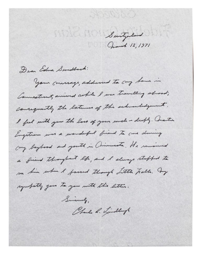 Charles Lindbergh Signed 8.5x11 1971 Handwritten Letter Auto 9! JSA #ZZ80611