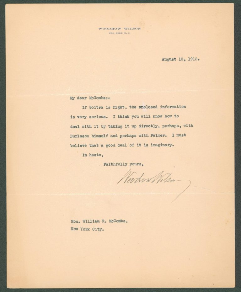 Woodrow Wilson Authentic Signed 8x10 Letter August 10, 1912 BAS #AB14551