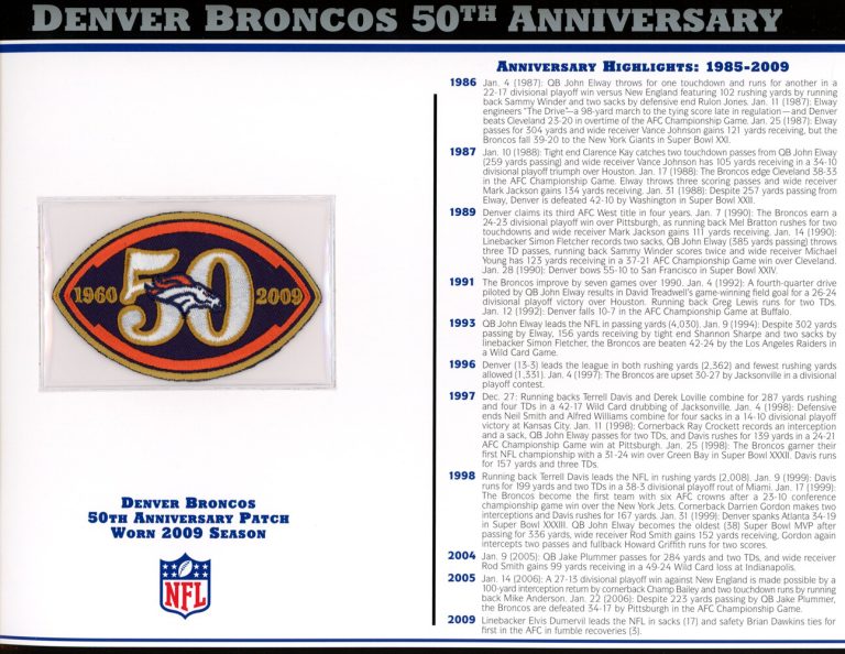 Denver Broncos 50th Anniversary Patch Stat Card Official Willabee & Ward 36720