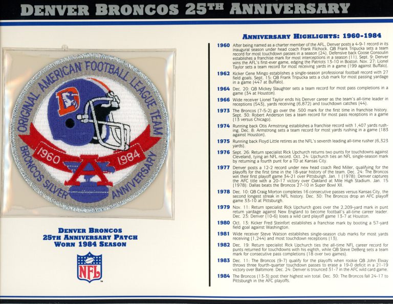 Denver Broncos 25th Anniversary Patch Stat Card Official Willabee & Ward 36751
