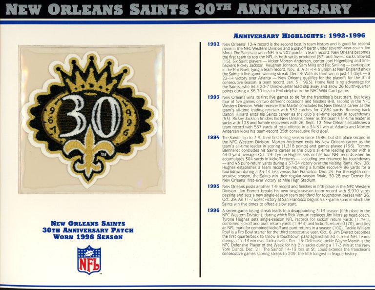 New Orleans Saints 30th Anniversary Patch Stat Card Willabee & Ward 36771