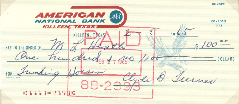 Clyde Bulldog Turner Signed 1965 American National Bank Check 37603