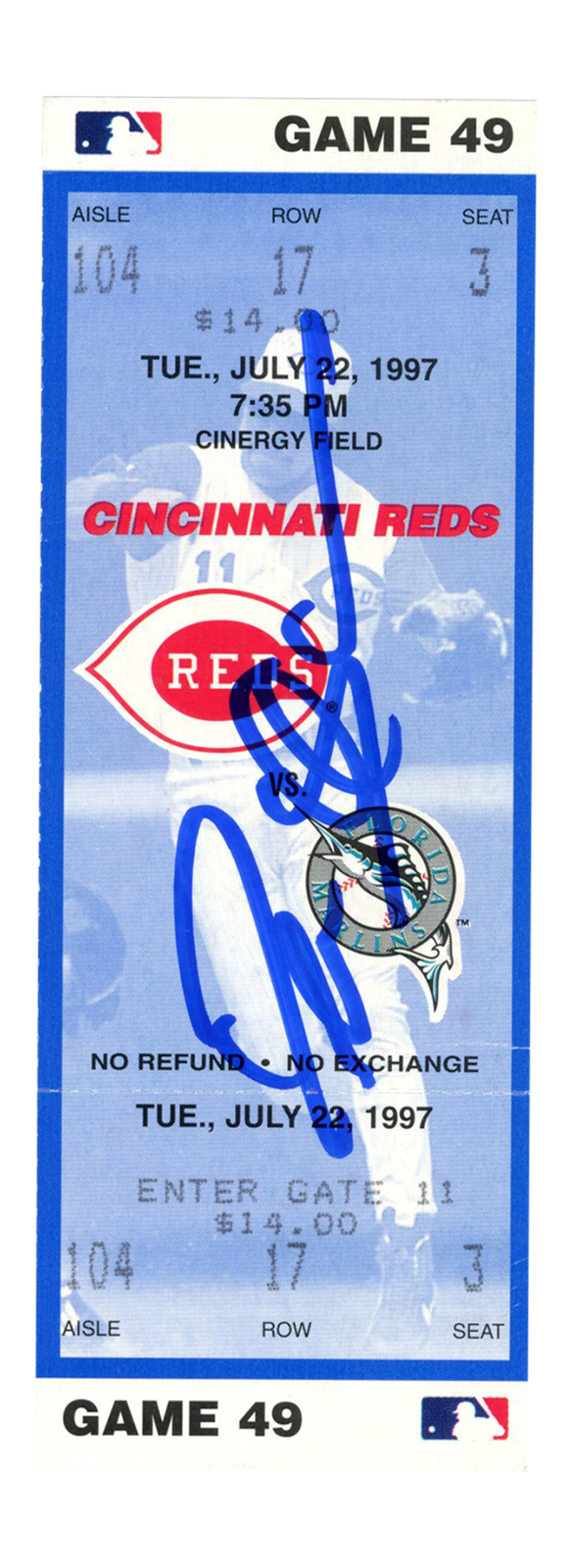 Deion Sanders Signed Cincinnati Reds 7/22/1997 vs Marlins Ticket BAS 37220