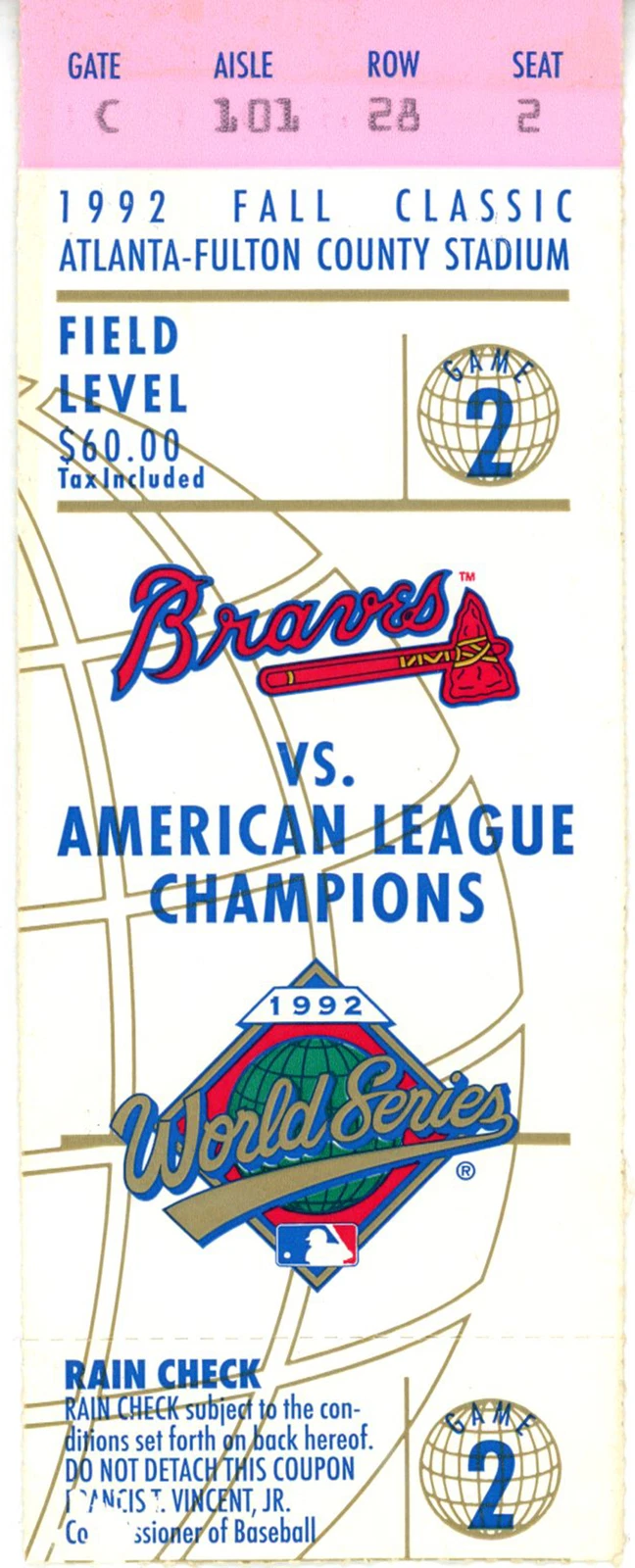 1992 World Series Game 2 Ticket Toronto Blue Jays vs Atlanta Braves 37596