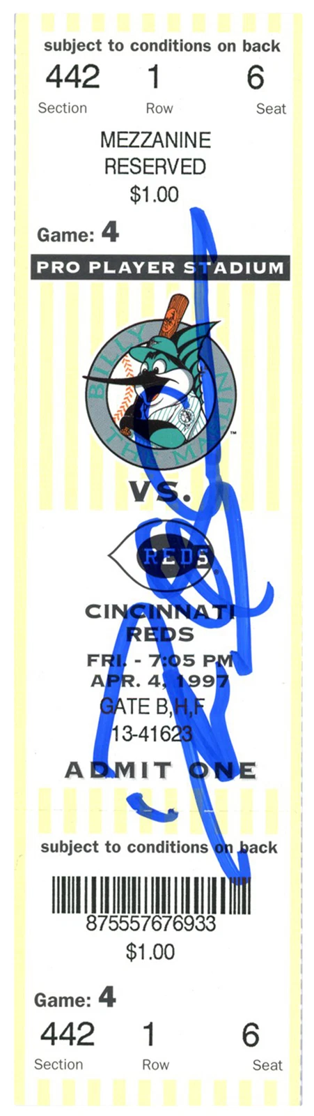 Deion Sanders Signed Cincinnati Reds 4/4/1997 @ Marlins Ticket BAS 37165