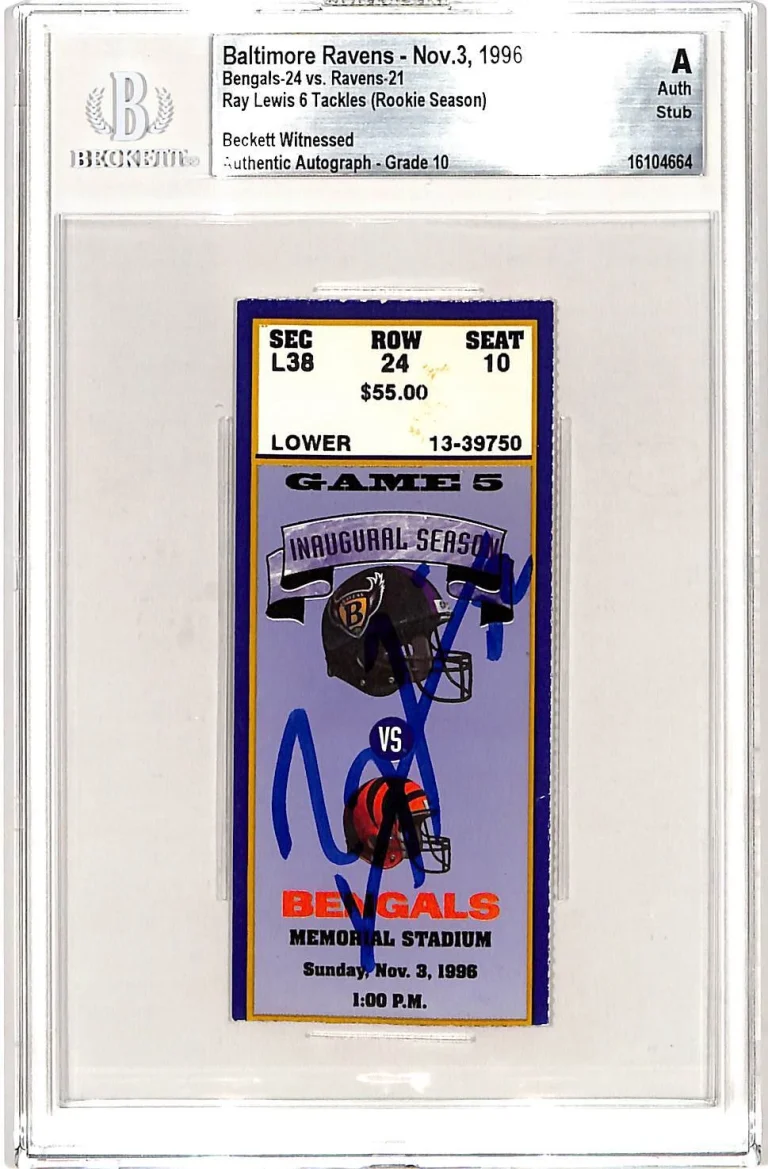 Ray Lewis Signed Baltimore Ravens 11/03/96 Ticket Stub Slab Beckett 42755