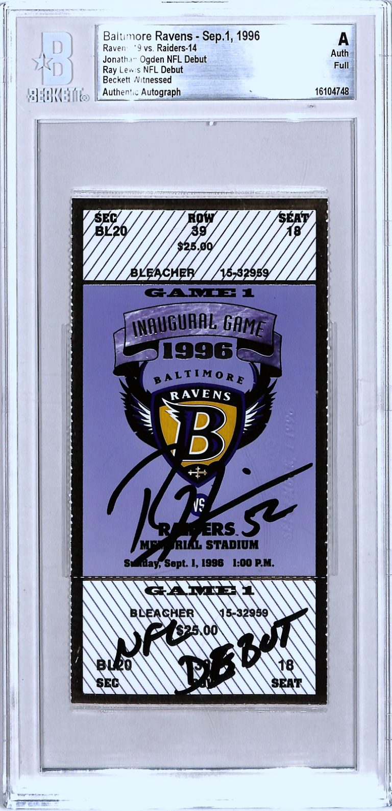 Ray Lewis Signed Baltimore Ravens Ticket Stub 09/01/96 Debut Beckett Slab 43233