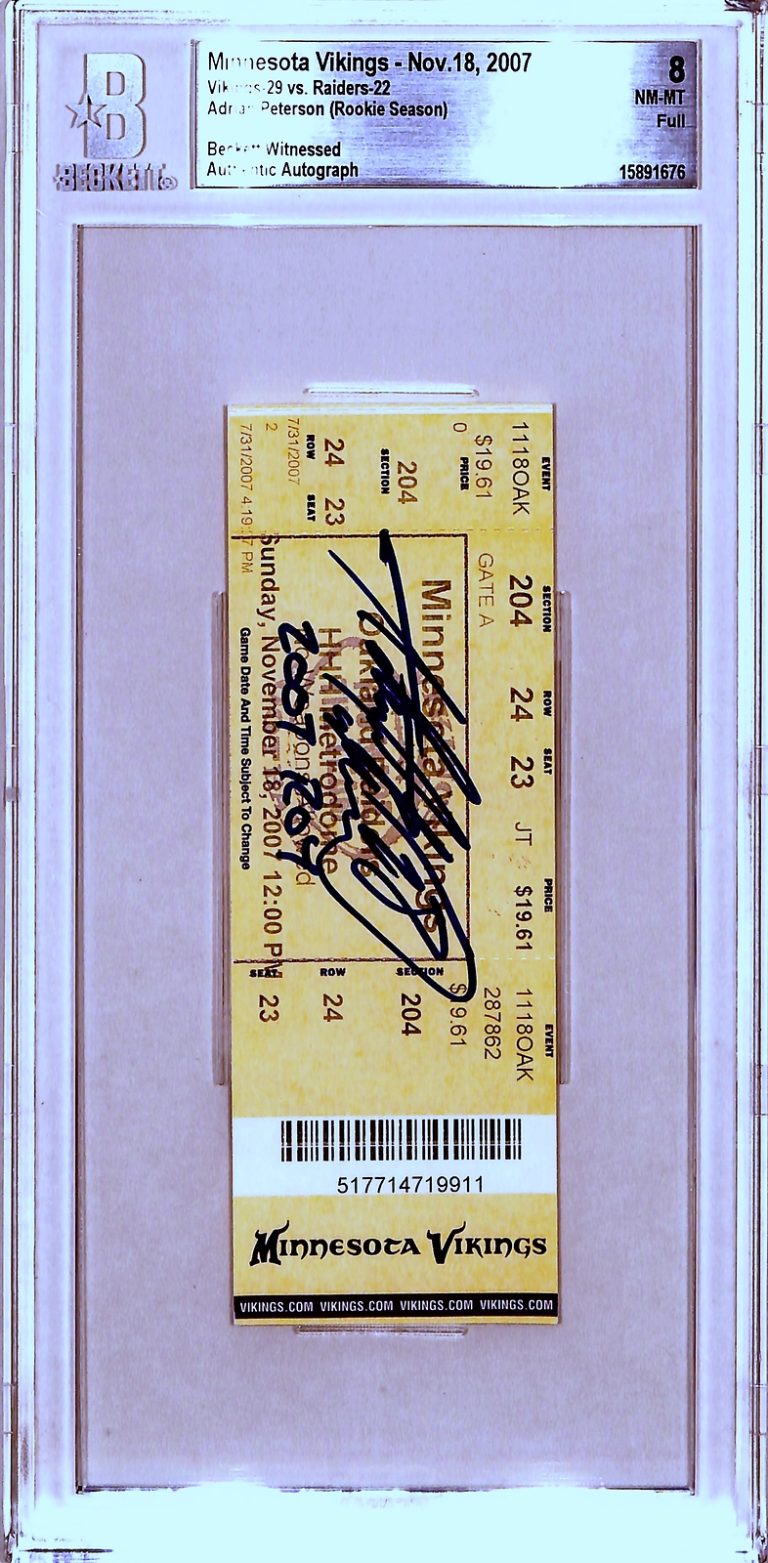 Adrian Peterson Signed Minnesota Vikings 11/18/07 '07 ROY Slab Ticket BAS 43400