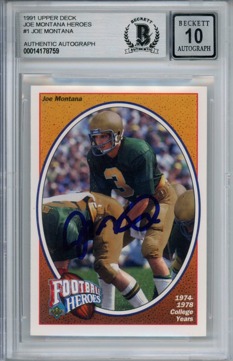 Joe Montana Signed 1991 Upper Deck Heroes 1/9 Trading Card BAS 10 Slab 37503
