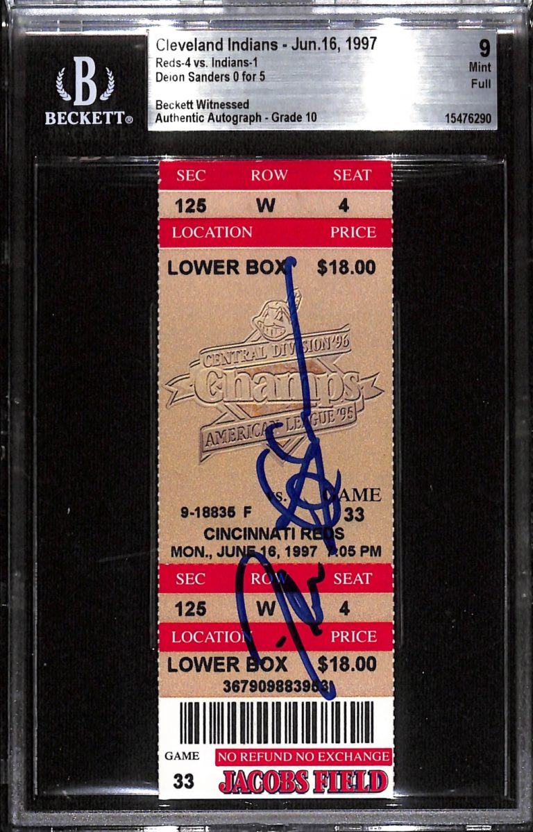 Deion Sanders Signed Cincinnati Reds 6/16/97 Slab Ticket 9 Grade Beckett 43690