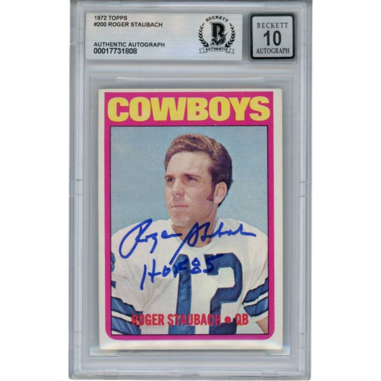 Roger Staubach Signed Dallas Cowboys 1972 Topps #122 HOF Card 10 Beckett 47378