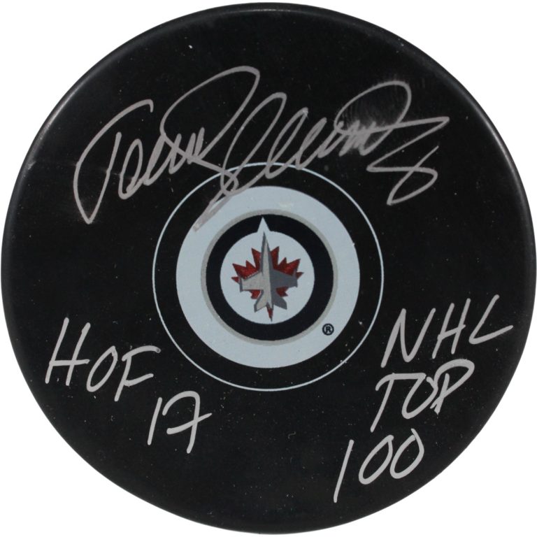 Teemu Selanne Autographed Winnipeg Jets Logo Puck NHL Top 100 HOF JSA 54004