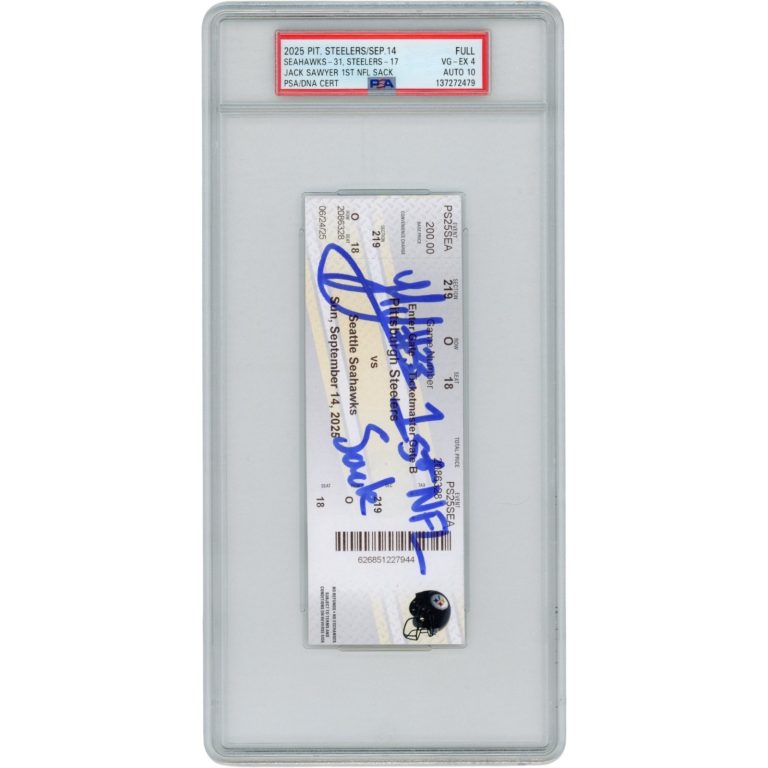 Jack Sawyer Autographed Pittsburgh Steelers 1st NFL Sack Ticket PSA Slab 54817