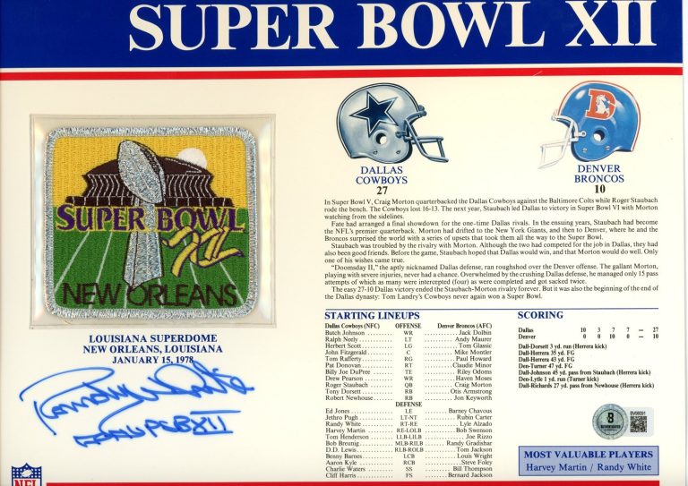 Randy White Signed Dallas Cowboys Super Bowl XII Patch Stat Card Beckett 55005