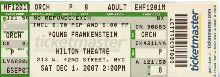 Megan Mullally Young Frankenstein Ticket 12/1/2007 Hilton Theatre 55563