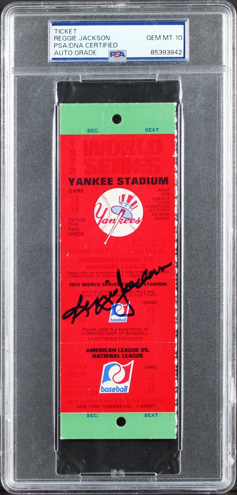 Athletics Reggie Jackson 1972 WS Game 3 Full Ticket Auto 10! PSA/DNA Slabbed