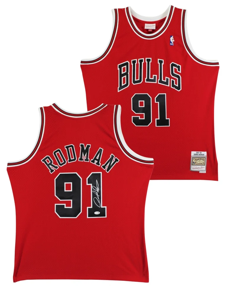 Bulls Dennis Rodman Signed Red Mitchell & Ness HWC Swingman Jersey JSA Witnessed