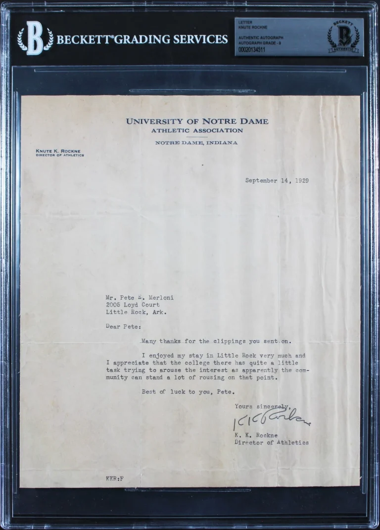 Notre Dame Knute Rockne Authentic Signed 8x9 1929 Letter Auto Graded 9! BAS Slab