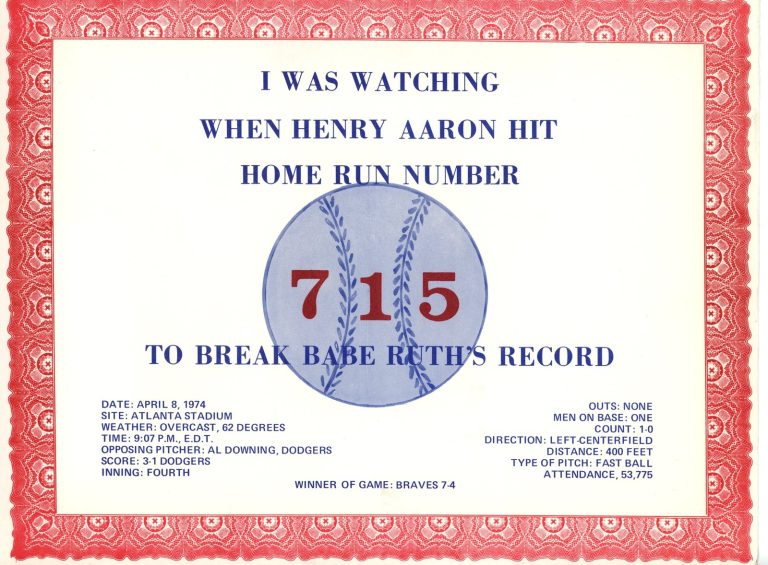 Hank Aaron Atlanta Braves I Was Watching 715 Home Run Record Certificate 56263
