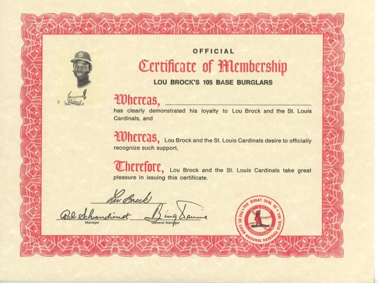 Lou Brock Saint Louis Cardinal 105 Base Burglars 1974 Certificate 56269