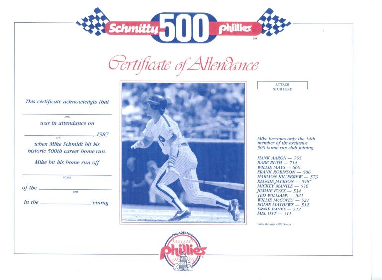 Mike Schmidt Philadelphia Phillies 500 Home Run Schmitty 500 Certificate 56272