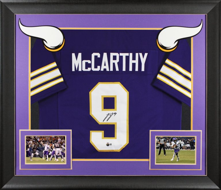 J.J. McCarthy Signed Purple Throwback Pro Style Framed Jersey BAS Witnessed