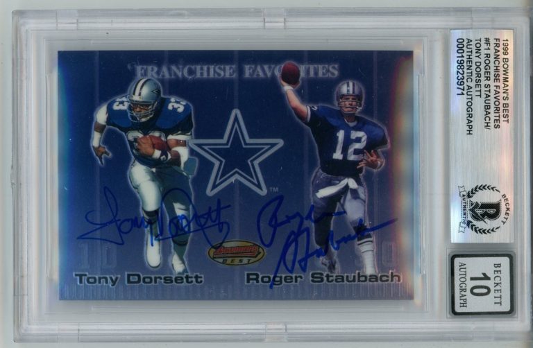 Tony Dorsett Roger Staubach Signed 1999 Topps F1 10 auto Card Slab Beckett 57091