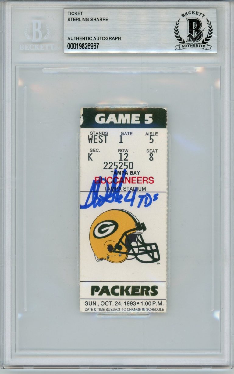 Sterling Sharpe Signed Green Bay Packers Ticket 10/24/93 4 TD Slab Beckett 53894