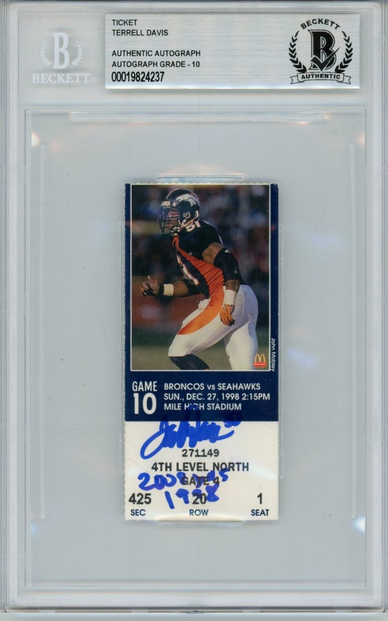 Terrell Davis Signed Denver Broncos 12/27/1998 2008 yards Ticket Beckett 57040