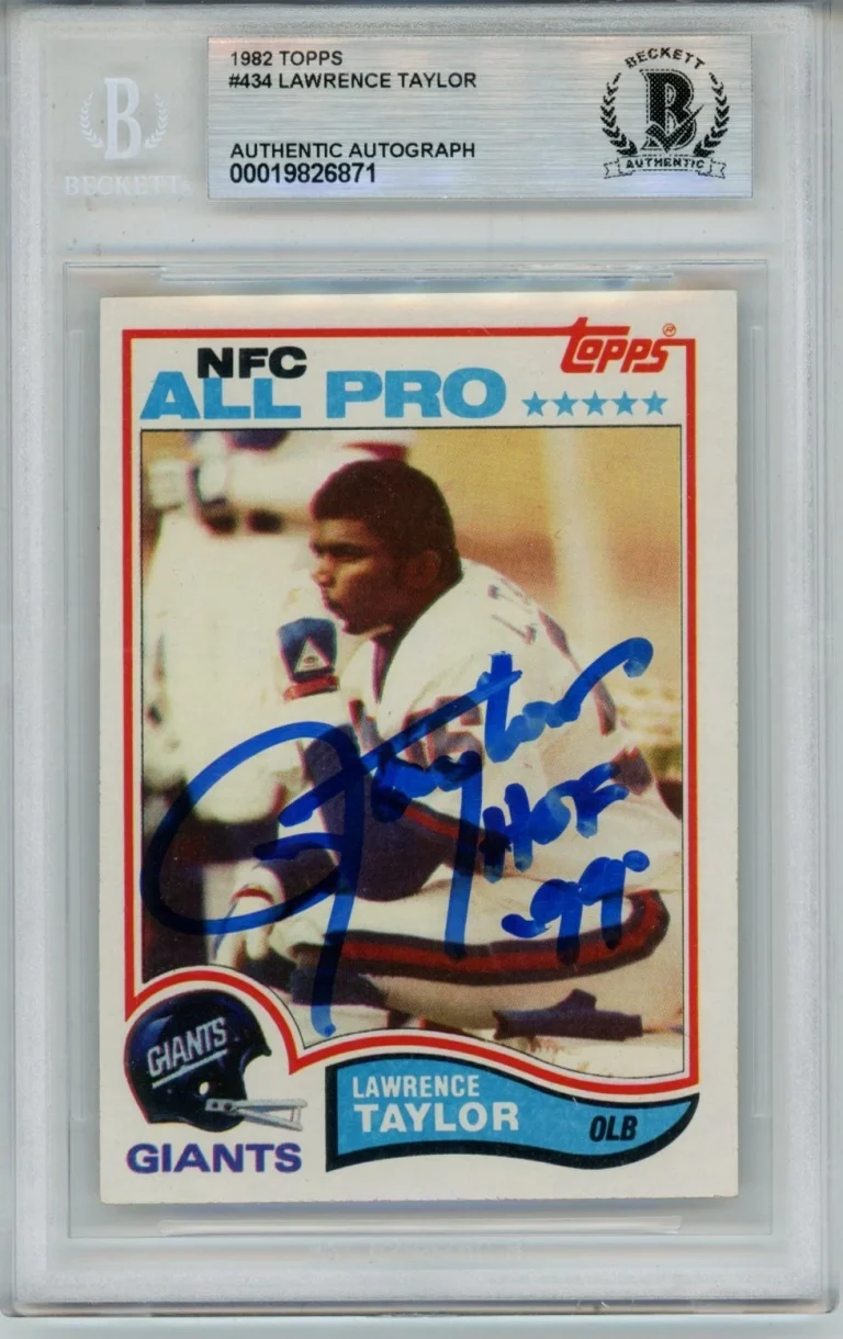 Lawrence Taylor Autographed 1982 Topps #434 HOF Trading Card Slab Beckett 57116
