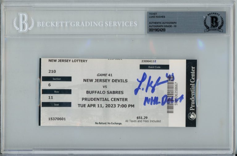 Luke Hughes Autographed New Jersey Devils 4/11/23 NHL Debut Ticket Beckett 57191