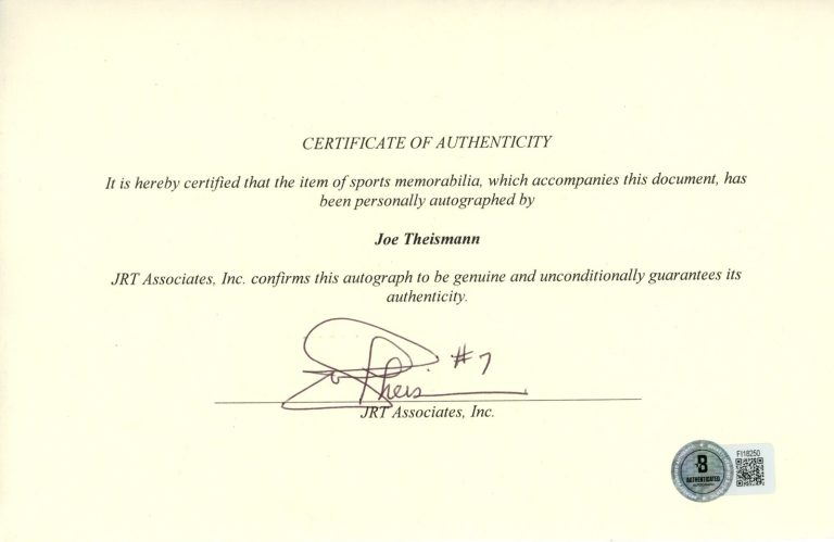 Joe Theismann Autographed Washington Redskins Certificate Genuine Beckett 57239