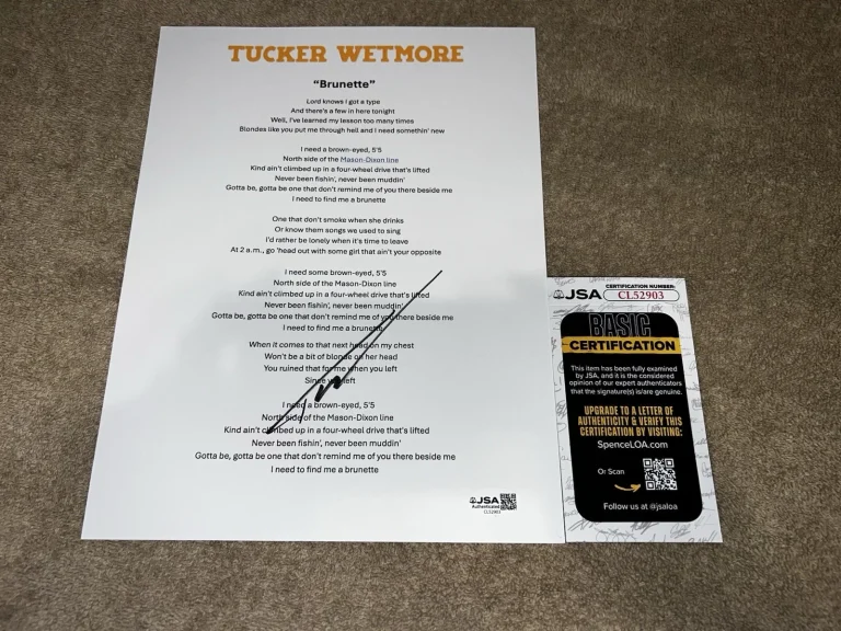 Tucker Wetmore Signed Brunette Lyric Sheet Country Music Legend JSA Auth